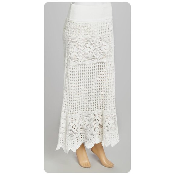 Boston Proper hippie Boho White Crochet drawstring stretch waist Skirt sz M - Picture 2 of 8